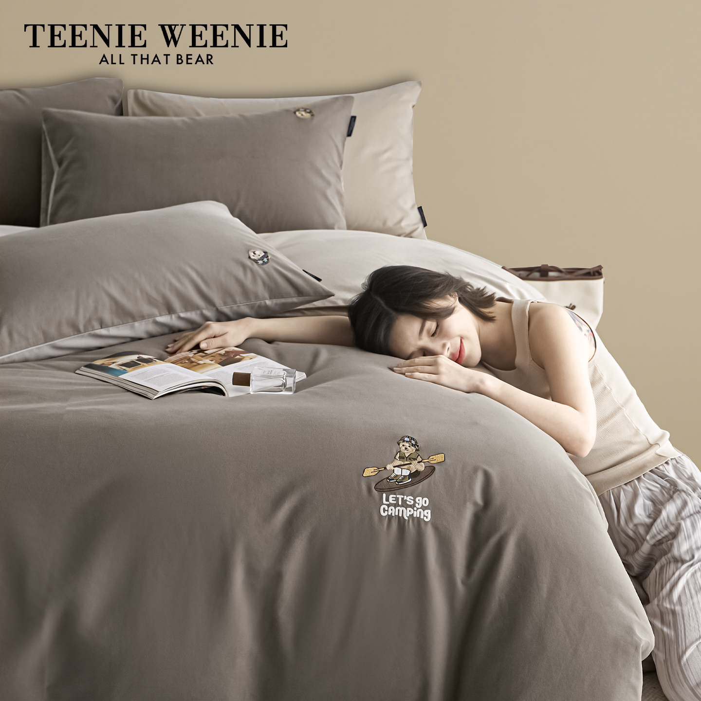 TeenieWeenie小熊轻奢全棉轻磨毛绣花被套四件套加厚保暖床上用品