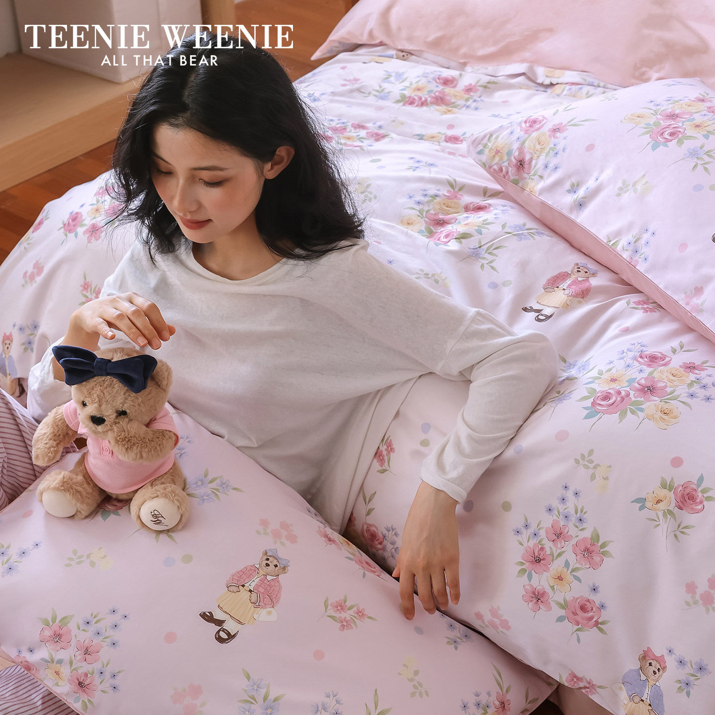 TeenieWeenie小熊桃粉全棉印花四件套A类亲肤被套宿舍床单三件套