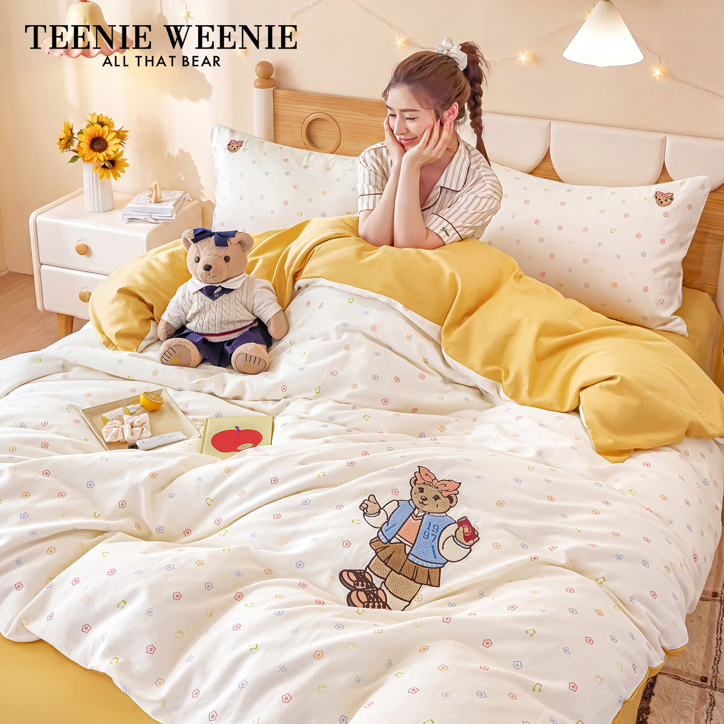TeenieWeenie柠檬黄全棉双层纱四件套夏季儿童裸睡毛巾绣被套床品