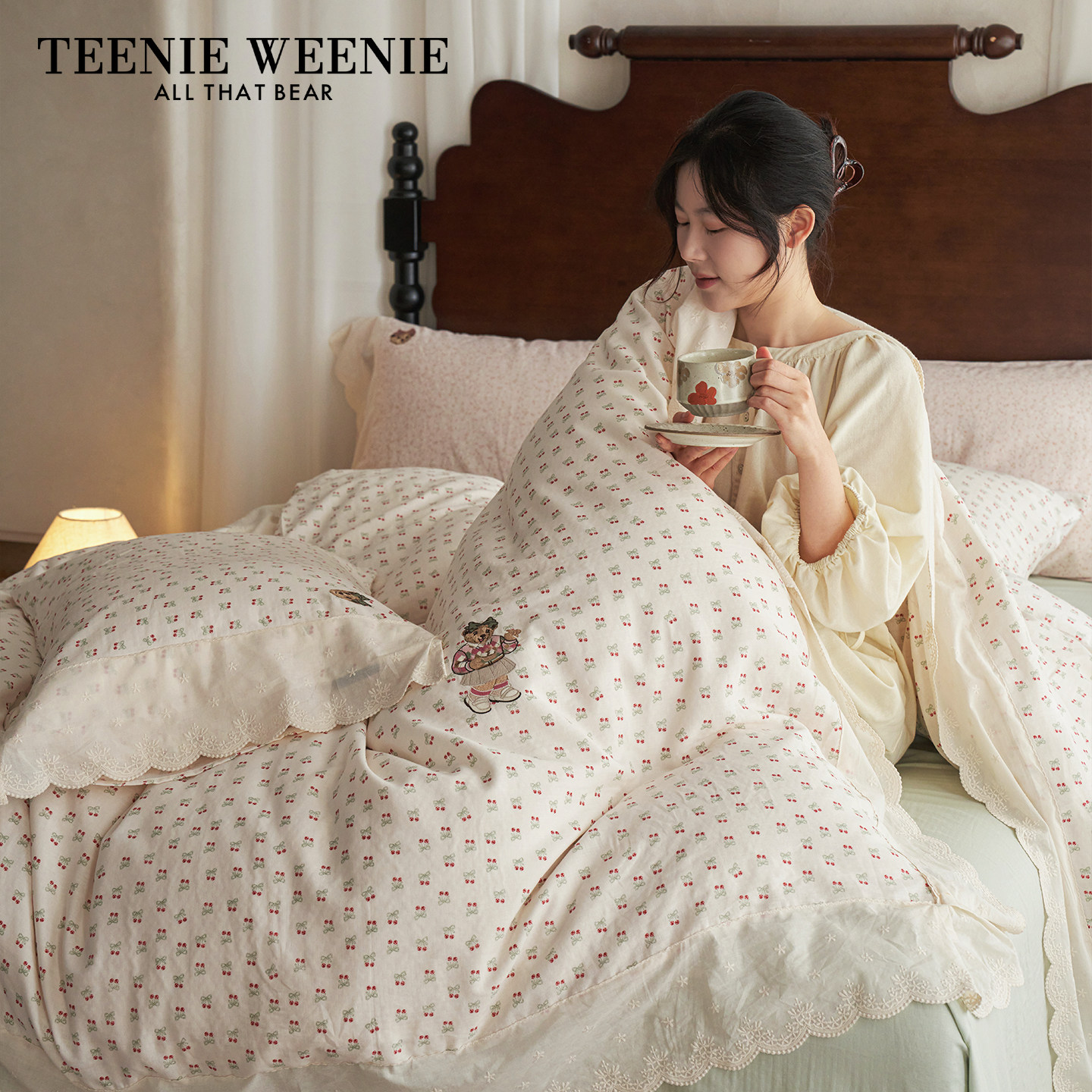 TeenieWeenie小熊公主风蕾丝花边全棉双层纱四件套纯棉床单套件