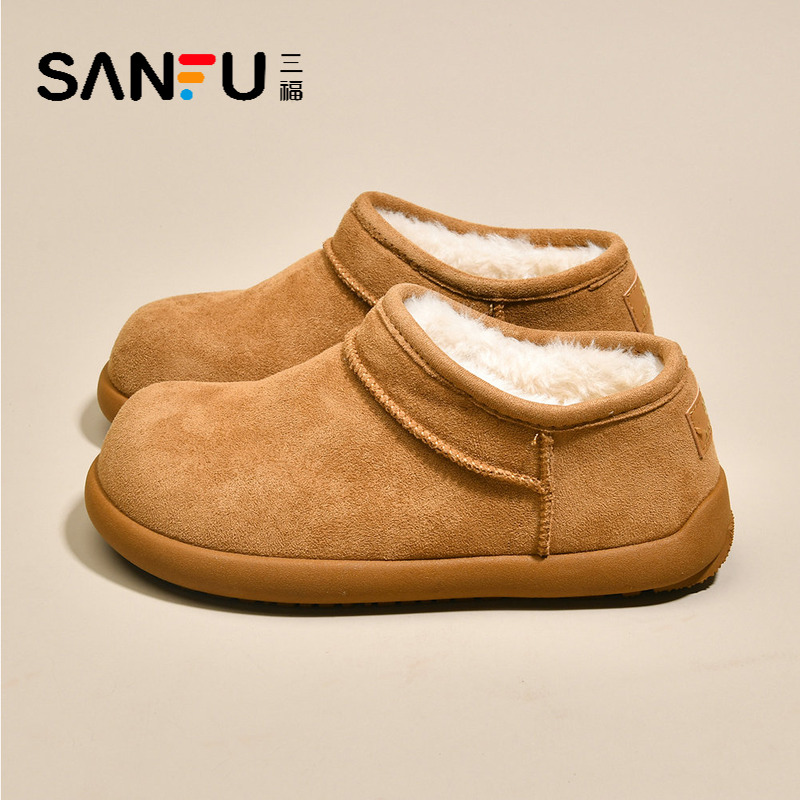 三福真皮厚底小土豆勃肯鞋雪地靴女2025冬季新款加绒加厚保暖棉鞋