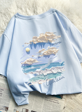 NASA联名蓝色t恤男夏季2025新款潮牌男装海边油画涂鸦短袖男女款