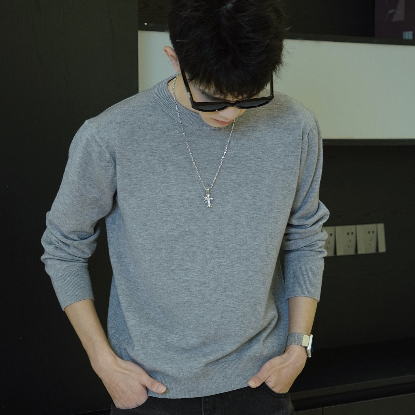 cleanfit灰色毛衣男纯色潮流内搭