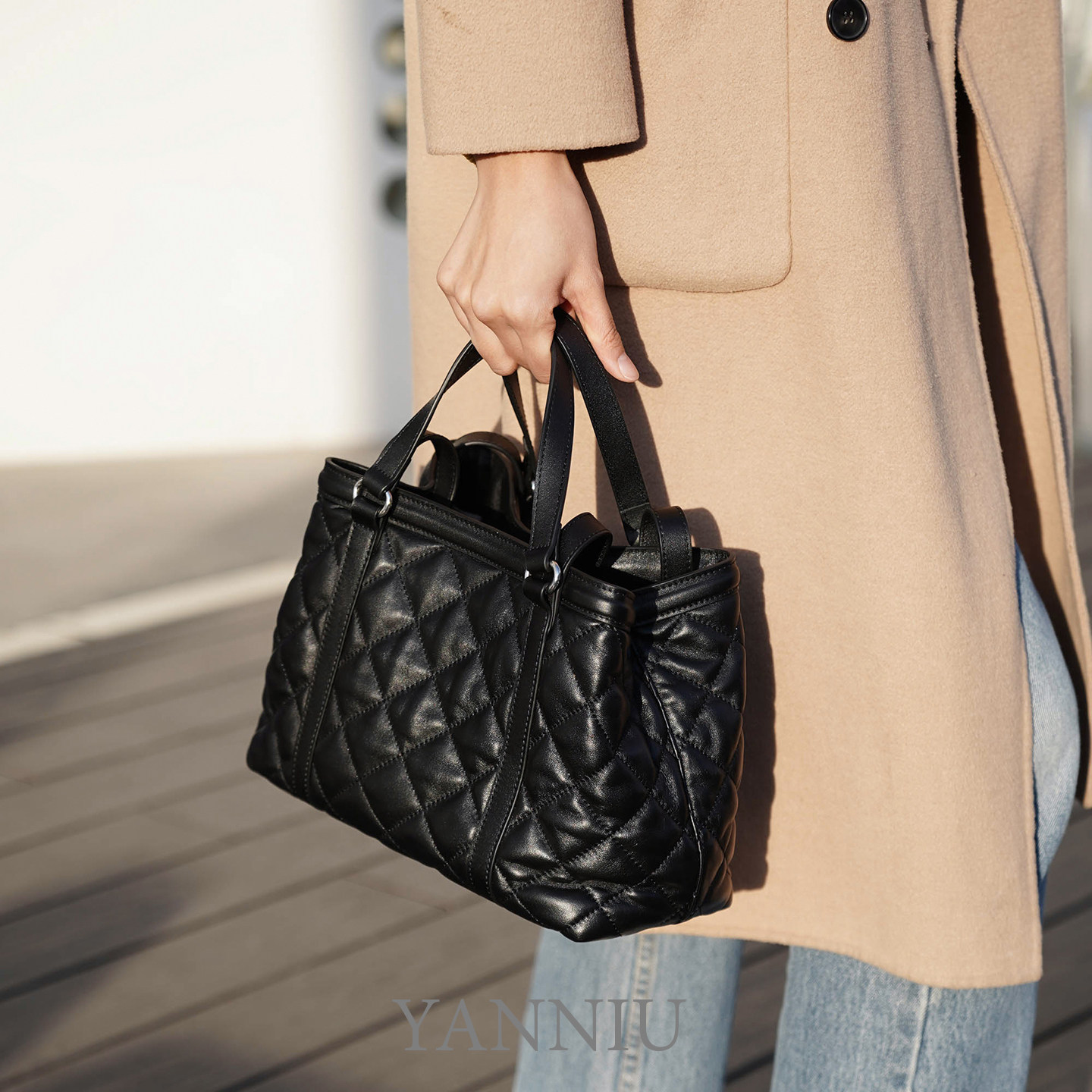 岩牛羊皮菱格手提大容量单肩包百搭简约潮流轻奢休闲女士斜挎包