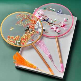 新款直销玉柄刺绣团扇*机绣宫扇*绣花汉服配饰*中国风旗袍*山水扇