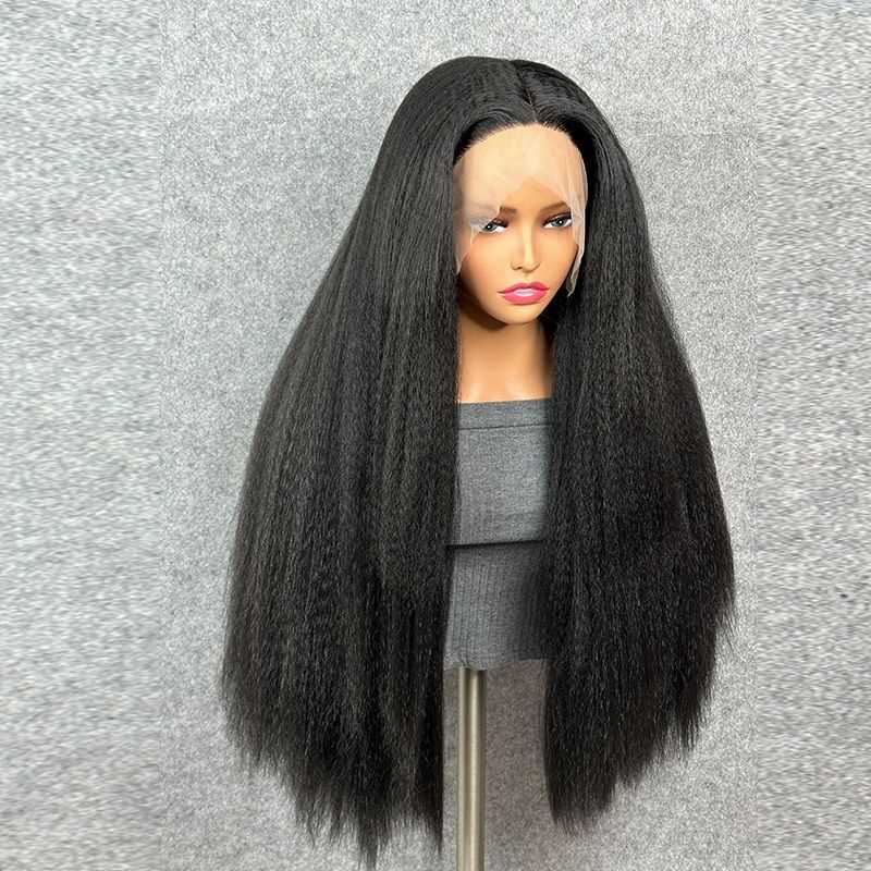 新款直销跨境假发 欧美女士前蕾丝化纤头套 黑色中分长直发 yaki