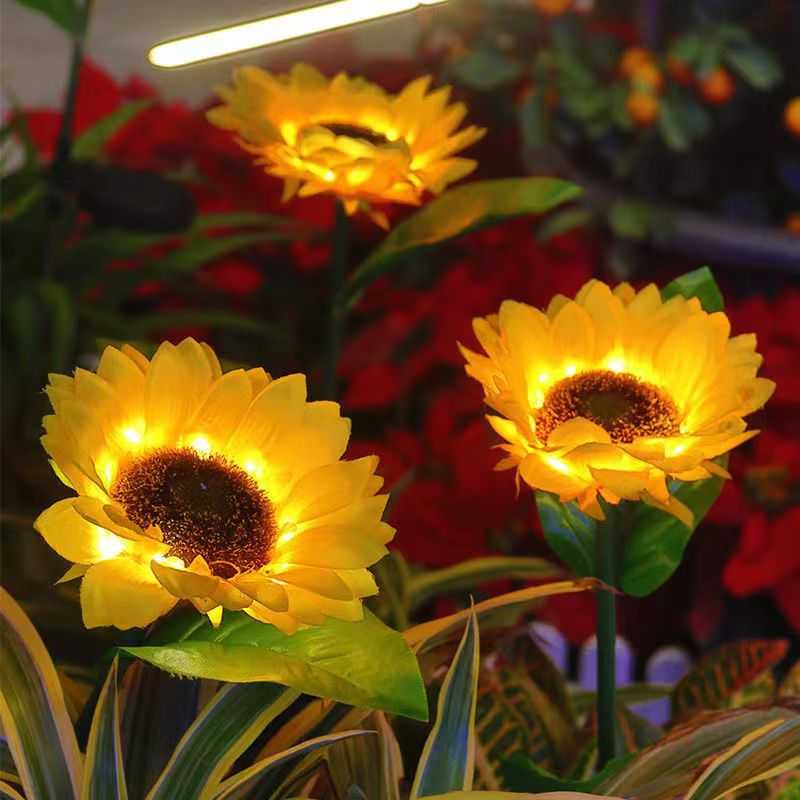 新款直销Led太阳能三头向日葵灯太阳花庭院花园灯户外户外防水草