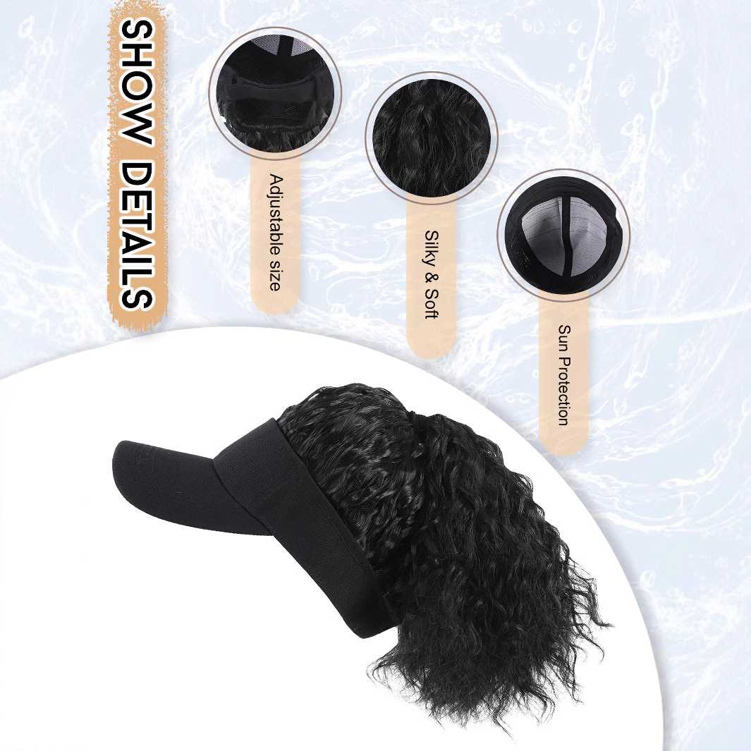 新款直销欧美假发帽子一体女空顶帽蓬松高马尾春夏秋鸭舌黑色空顶