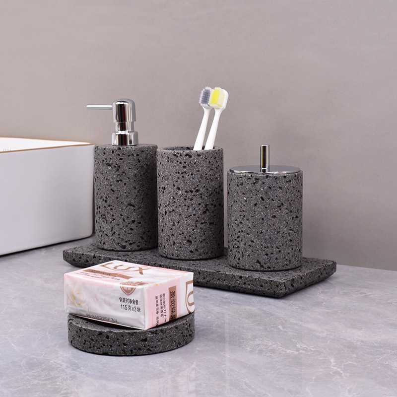 新款直销黑洞石卫浴套装火山石浴室用品组合陈列摆件收纳架洗漱台