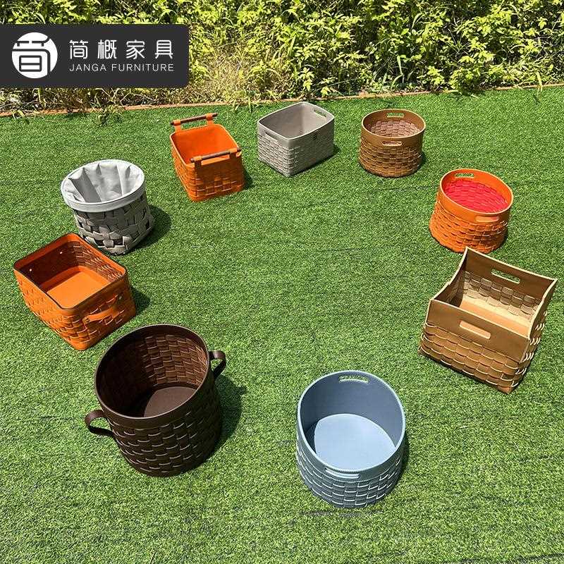 新款直销轻奢皮革收纳篮家用客厅收纳筐手工编织置物篮杂物桶带拉