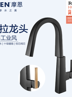 摩恩抽拉厨房龙头冷热水下拉龙头方形工业风黑色水槽龙头75005BL