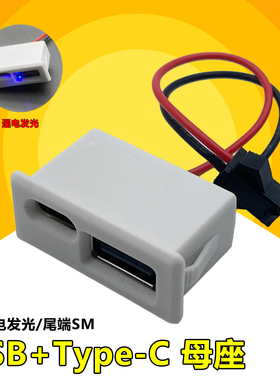 包邮 USB+Type-C母座充电接口 通电蓝光 白色USB连接器带端子线sm