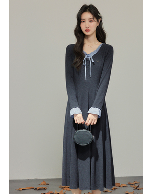 法式灰色假两件针织连衣裙女秋冬季高级感气质收腰蝴蝶结打底长裙