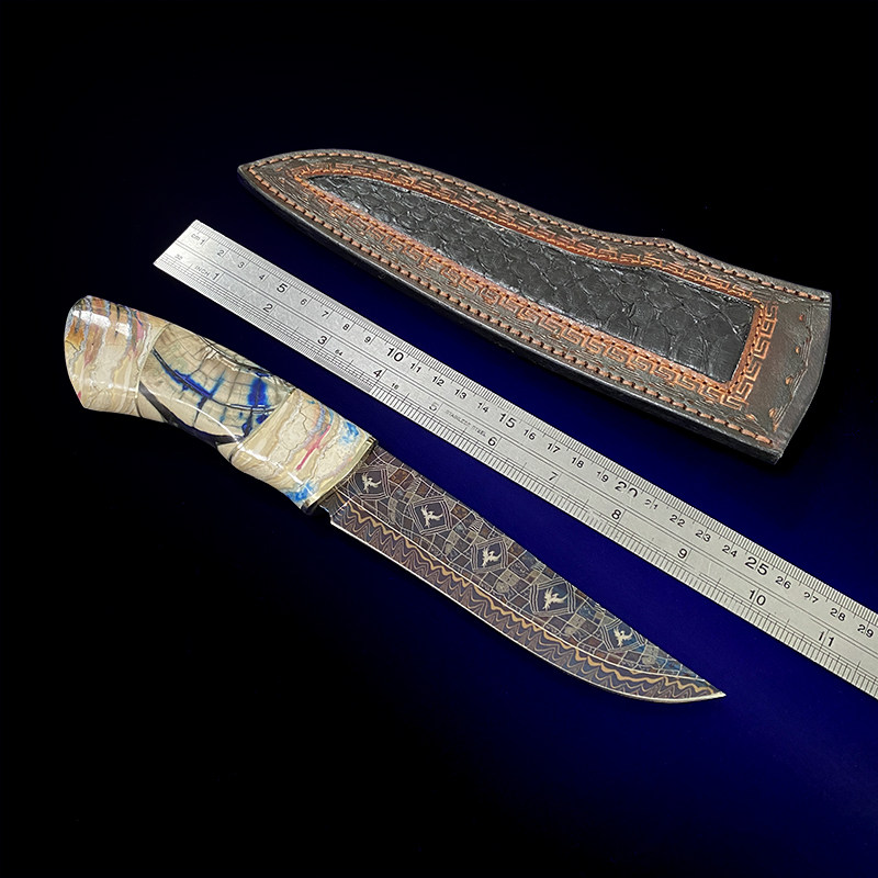 手工直刀 瑞典大马士革钢烤蓝马赛克纹精选材质手柄握感舒适
