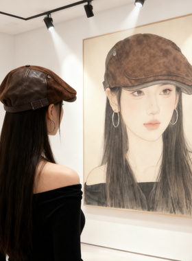 复古美式麂皮绒咖色前进帽女秋冬显脸小反戴贝雷帽大头围画家帽子