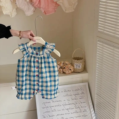 女宝宝衣服夏天格子小月龄连体衣婴儿夏季洋气包屁衣幼儿裙子夏装