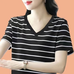 宽松显瘦中年妈妈洋气条纹上衣 2025夏季 新款 纯棉短袖 t恤女士大码
