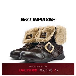 NEXT IMPULSIVE下一个冲动短靴加绒黑色复古西部厚底增高冬款女靴