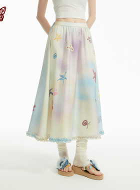 KBLC25春夏‘猫屿漫游’童趣彩虹色小猫蝴蝶半松紧木耳边沙滩长裙