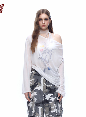 KBLC春夏防晒两穿白墨直喷透气魔法蝴蝶露肩罩衫黑白显瘦长袖T恤