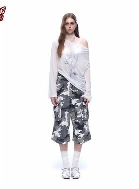 KBLC25春夏基础百搭沙漠迷彩做旧七分阔腿大口袋工装裤