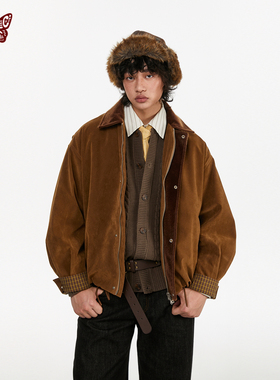 Kblc仿马毛领中古款老钱风仿麂皮绒磨砂质感格子翻领哈灵顿夹克