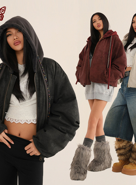 KBLC24秋冬复古绒面PU洗水效果短款拼接连帽羽绒服