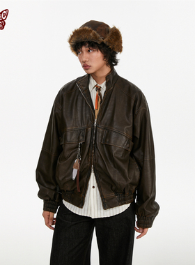 Kblc®Active Lab环保PU复古立领成衣洗水擦色做旧宽松夹克