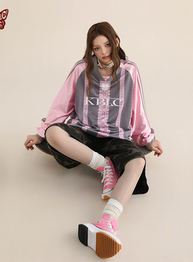 KBLC美式缎面足球撞色v领长袖t恤秋季蕾丝情侣上衣