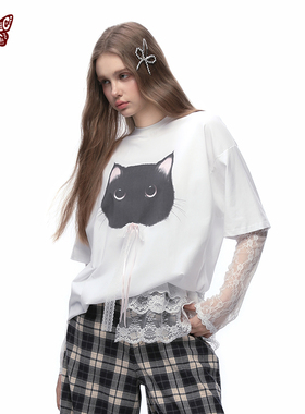KBLC春夏INS风百搭韩系小猫印花蕾丝假两件长袖时尚宽松设计感T恤