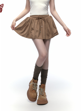 kblc25春夏复古320G山系徒步双面仿麂皮绒松紧腰抽绳防走光蓬蓬裙