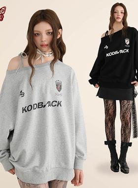 KBLC24AW美式露肩辣妹斜肩宽松卫衣女秋季新款一字肩廓形套头上衣
