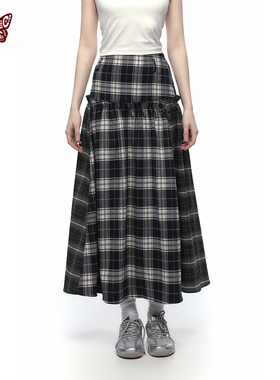 KBLC25春夏复古拼接格纹荷叶中长款大裙摆仙女显高显瘦半身长裙女