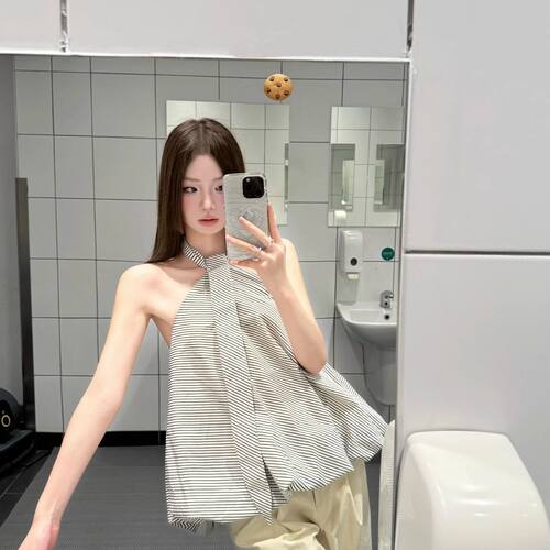 iNSLiiSA 挂脖黑白条纹抹胸花苞上衣女休闲百搭韩系夏季无袖宽松