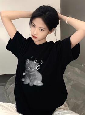 美式正肩黑色短袖t恤女2026新款设计感小个子宽松慵懒风半袖上衣