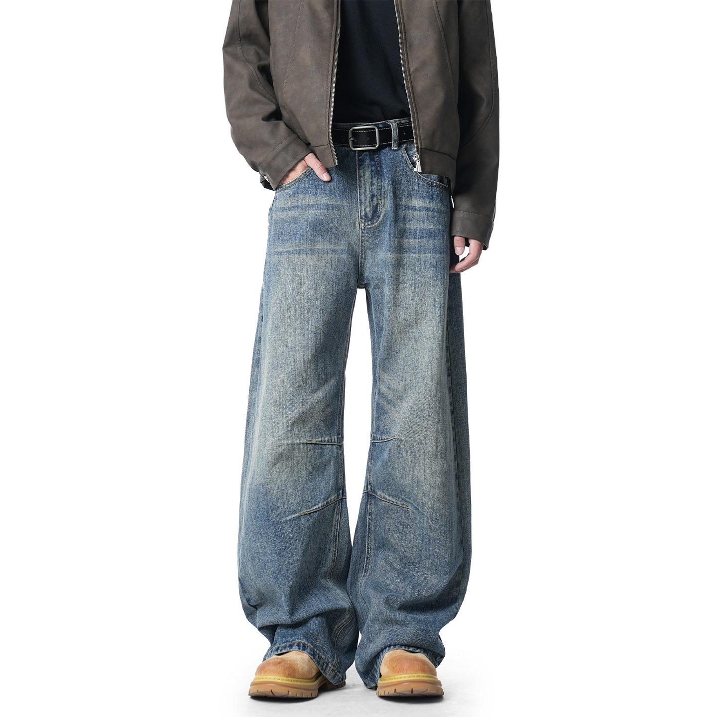 美式复古水洗做旧牛仔裤宽松长裤