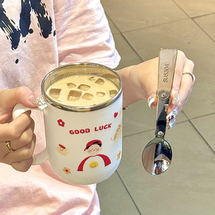 刻度牛奶杯儿童专用家用不锈钢饮水杯带盖加厚耐摔一家三口水杯