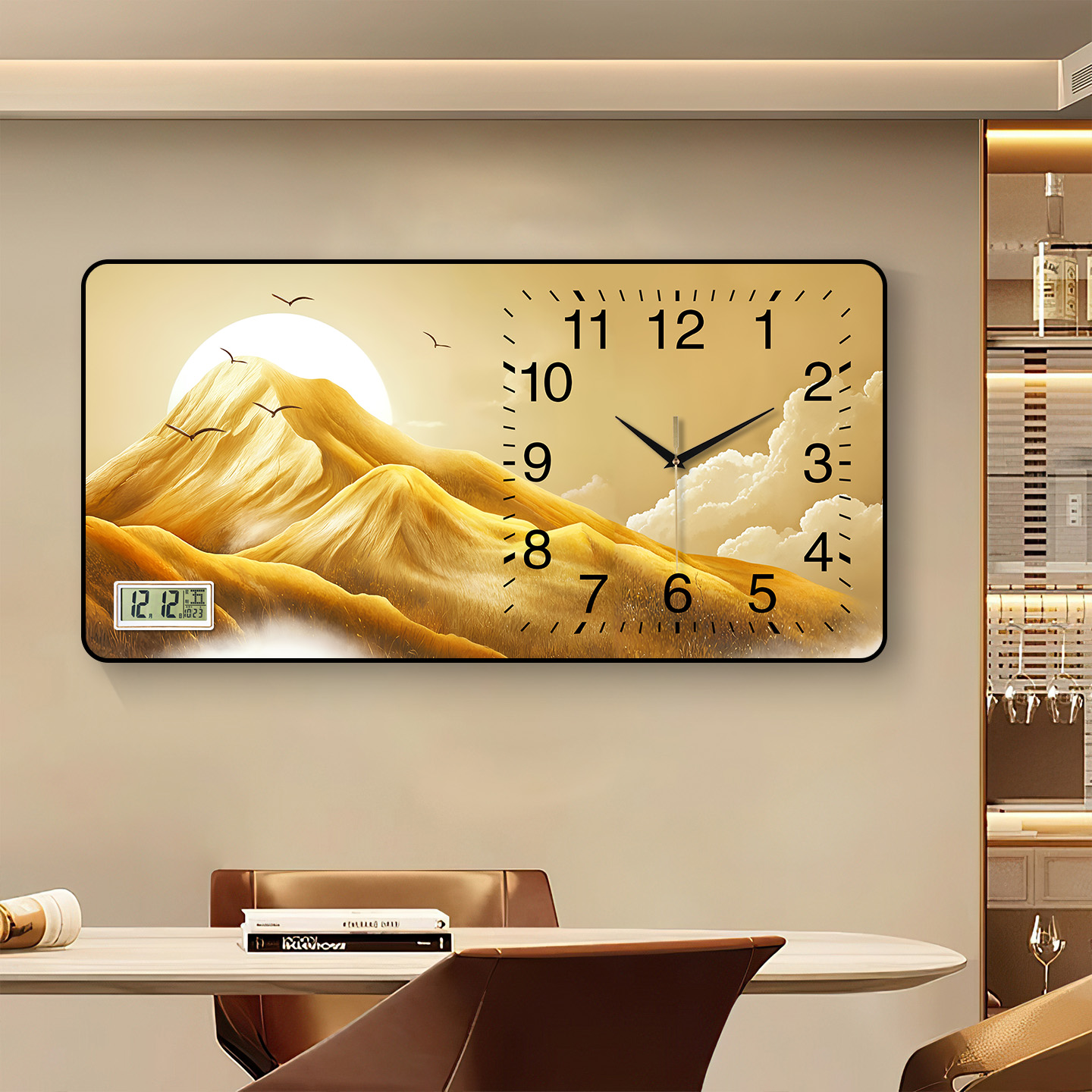 高宅日出金山背景墙装饰画挂钟