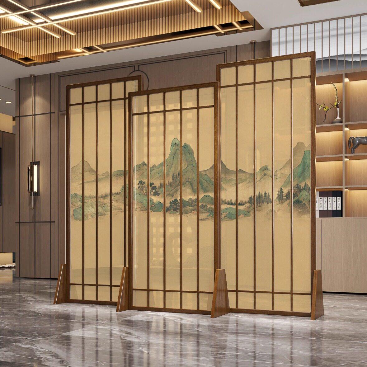 格栅隔断中式宋代美学屏风实木座屏客厅可移动玄关入户遮挡美容院