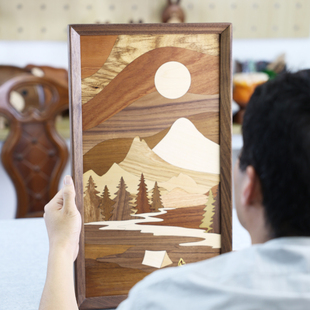 饰画书房茶室 饰原木风高级感装 实木挂画装 饰木拼挂画木质墙面装