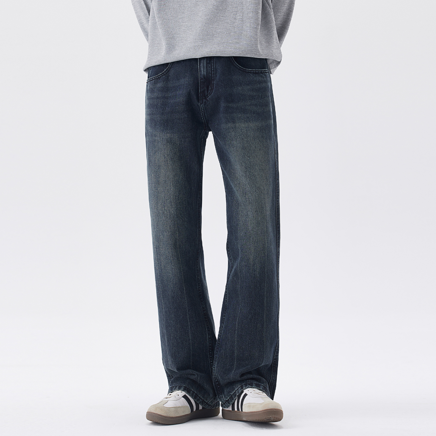 Kuvine秋季美式高街水洗做旧深蓝色微喇叭裤男韩版宽松牛仔裤子潮