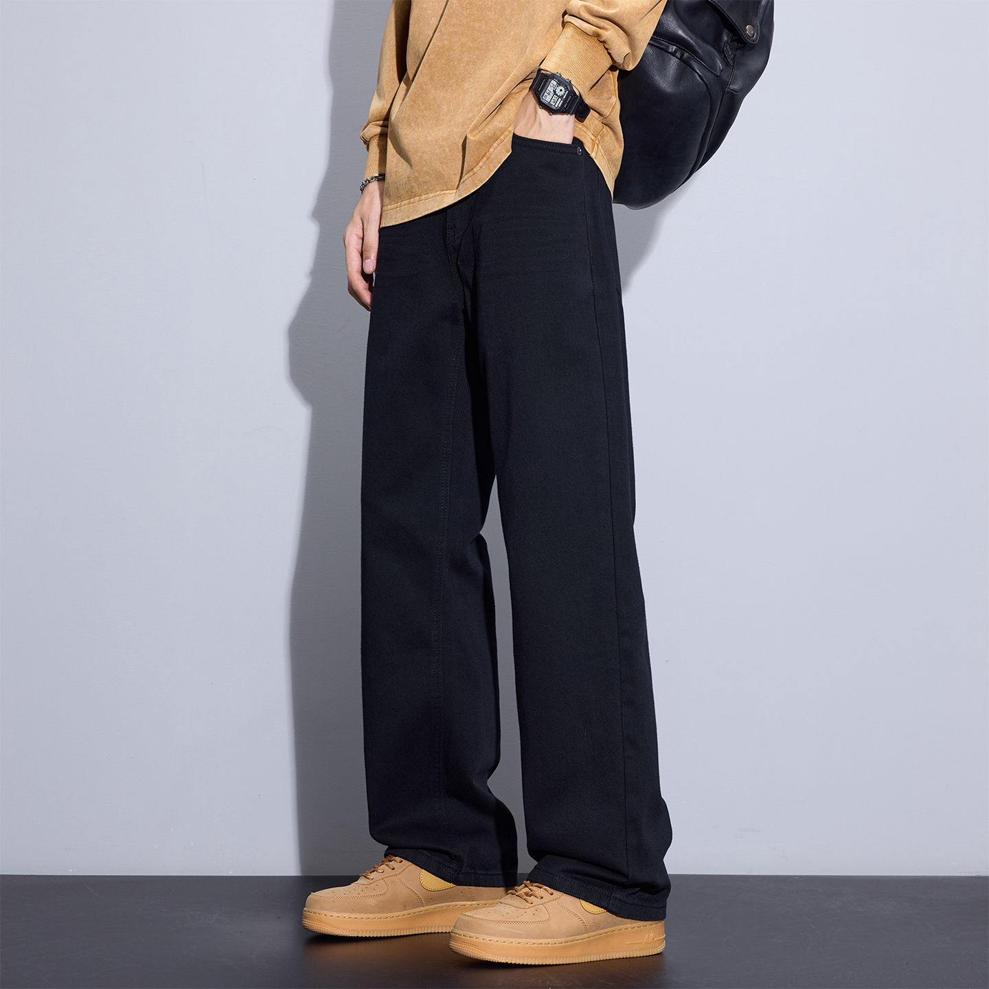 Kuvine美式复古高街黑色牛仔裤男