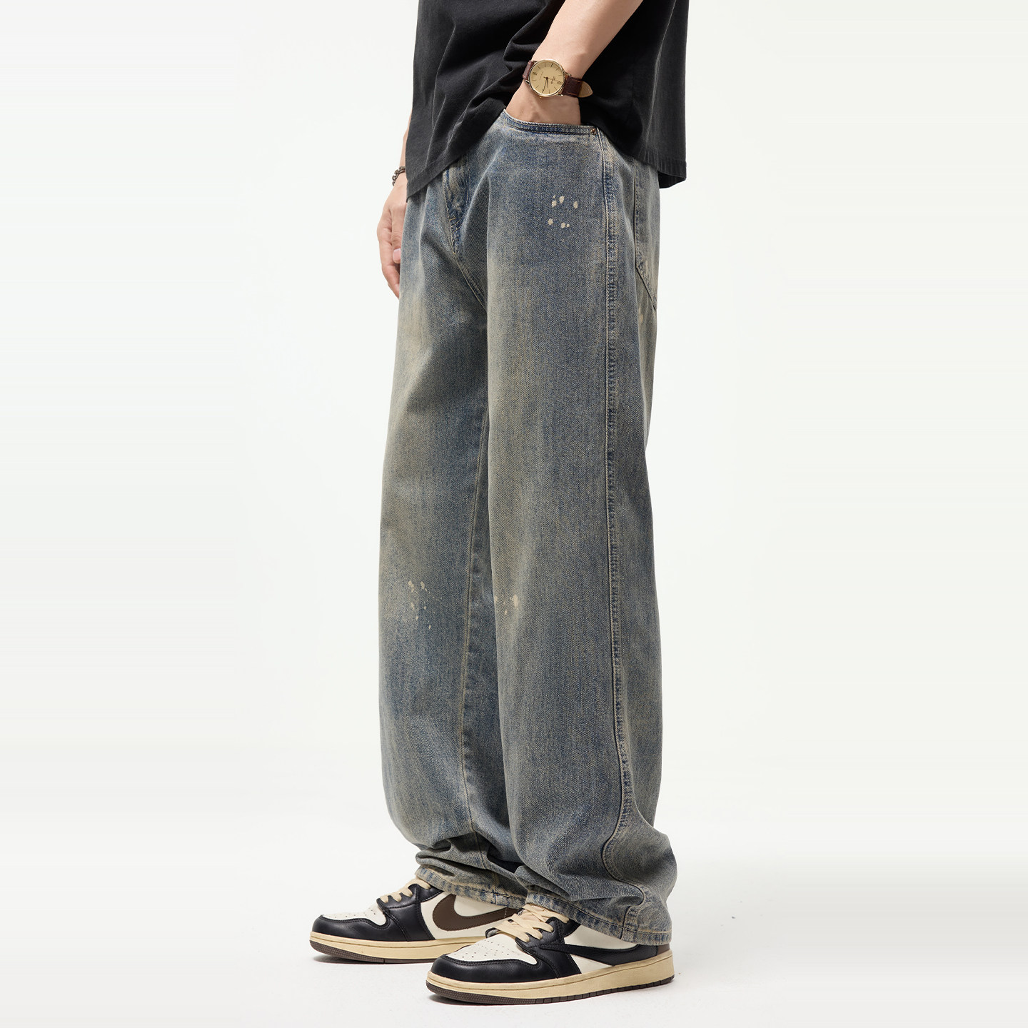 Kuvine2026春季新款美式高街复古泼墨牛仔裤男款宽松直筒阔腿长裤,男装,牛仔裤,淘宝优惠券,粉丝福利购,淘宝优惠卷