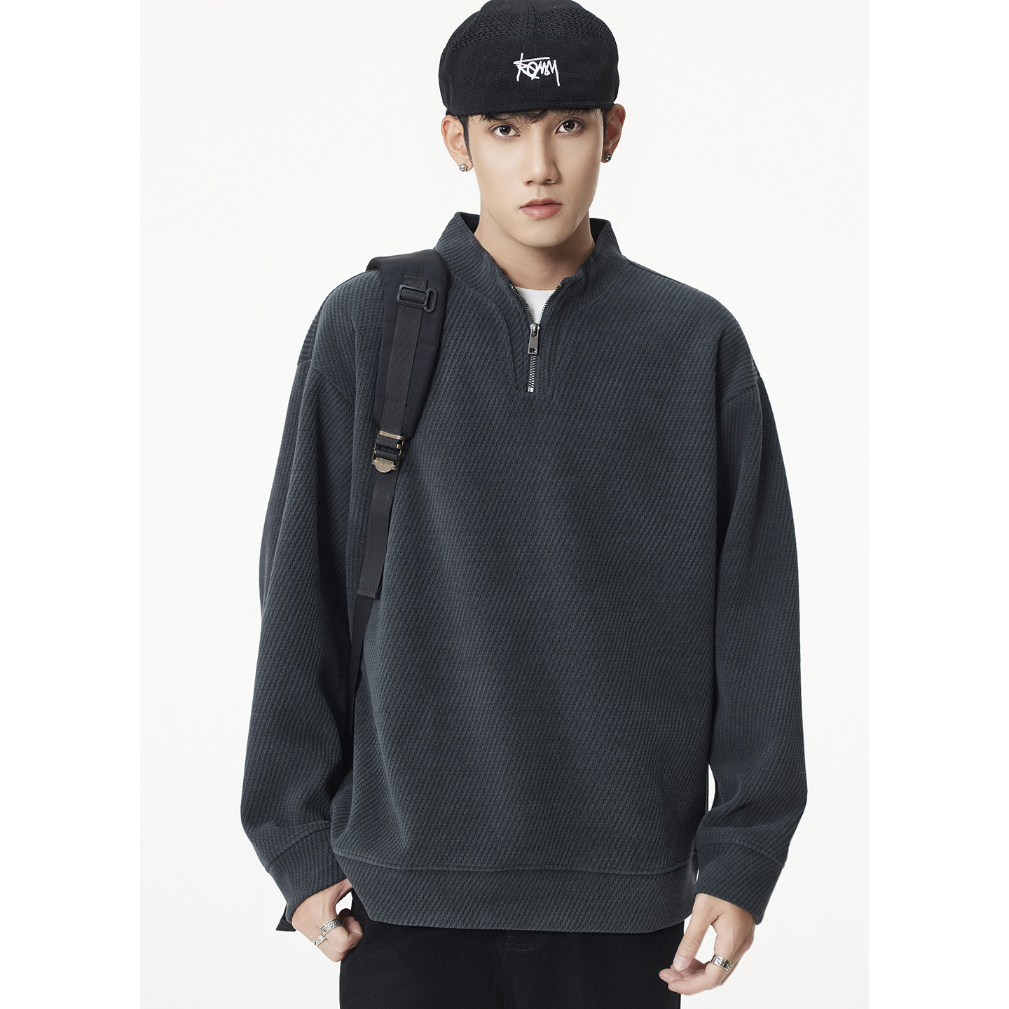 Kuvine新款潮流半高领拉链卫衣男士秋季美式复古纹理宽松百搭上衣,男装,卫衣,淘宝优惠券,粉丝福利购,淘宝优惠卷