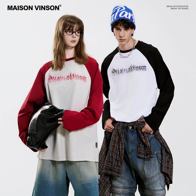 MAISON VINSON新款美式复古插肩袖长袖T恤男女款纯棉圆领打底衫