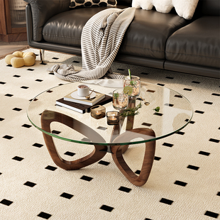 法式轻奢透明玻璃圆茶几中古风实木支架客厅家具网红客厅圆形茶桌