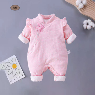 婴儿外出服夹棉洋气旗袍公主服o-1岁女宝宝秋冬季薄棉连体衣哈衣