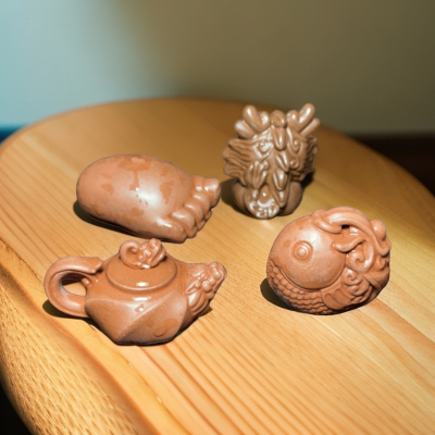 紫砂材质紫砂茶宠紫砂摆件知足常乐手把壶双鱼小龙人