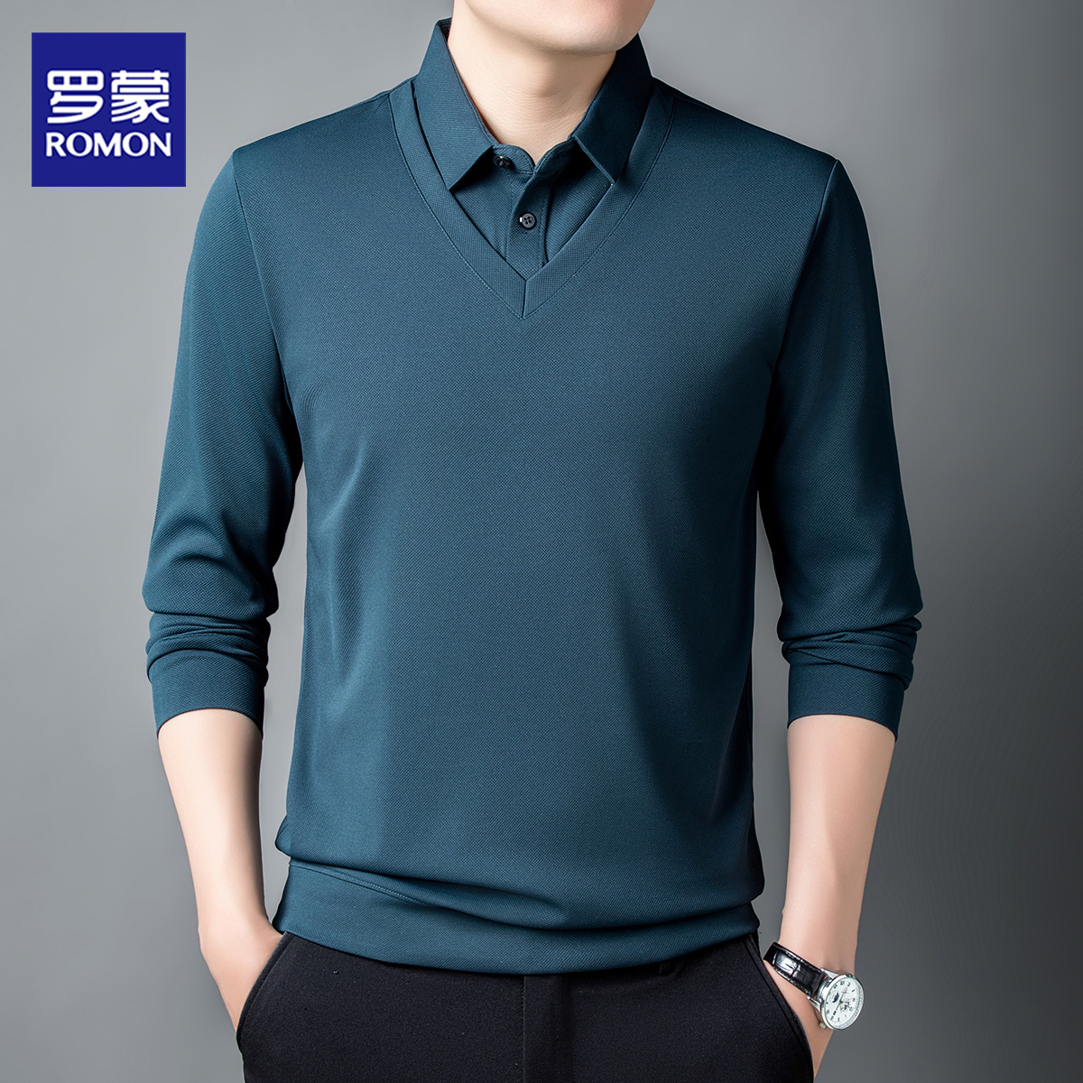 罗蒙男士长袖T恤假两件打底上衣商务休闲polo衫1Y317M2531ZB