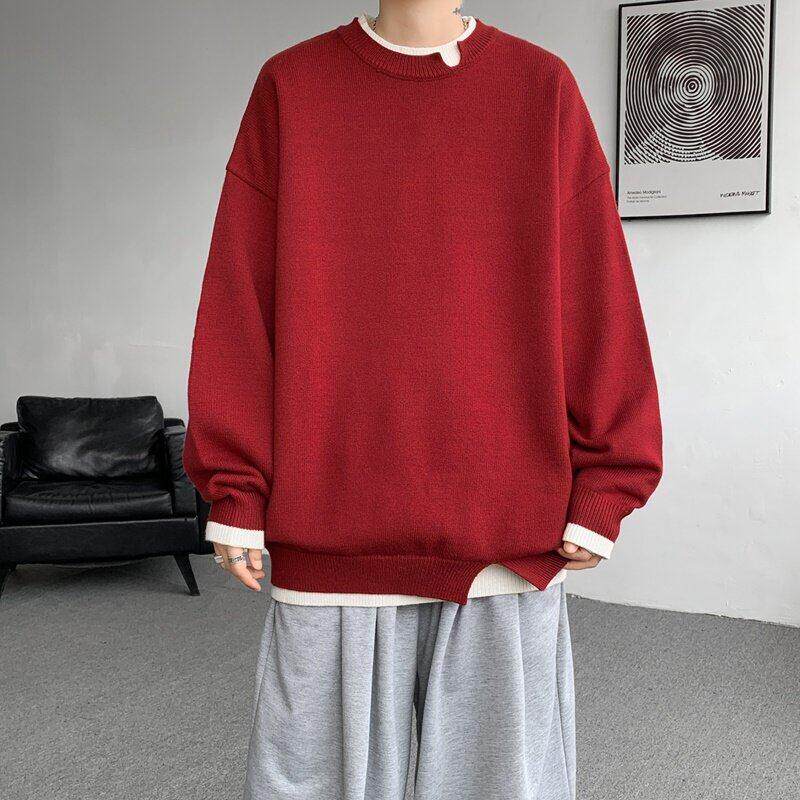 恒源祥胖子宽松加厚本命年毛衣红色冬季加肥大码男套头针织羊毛衫